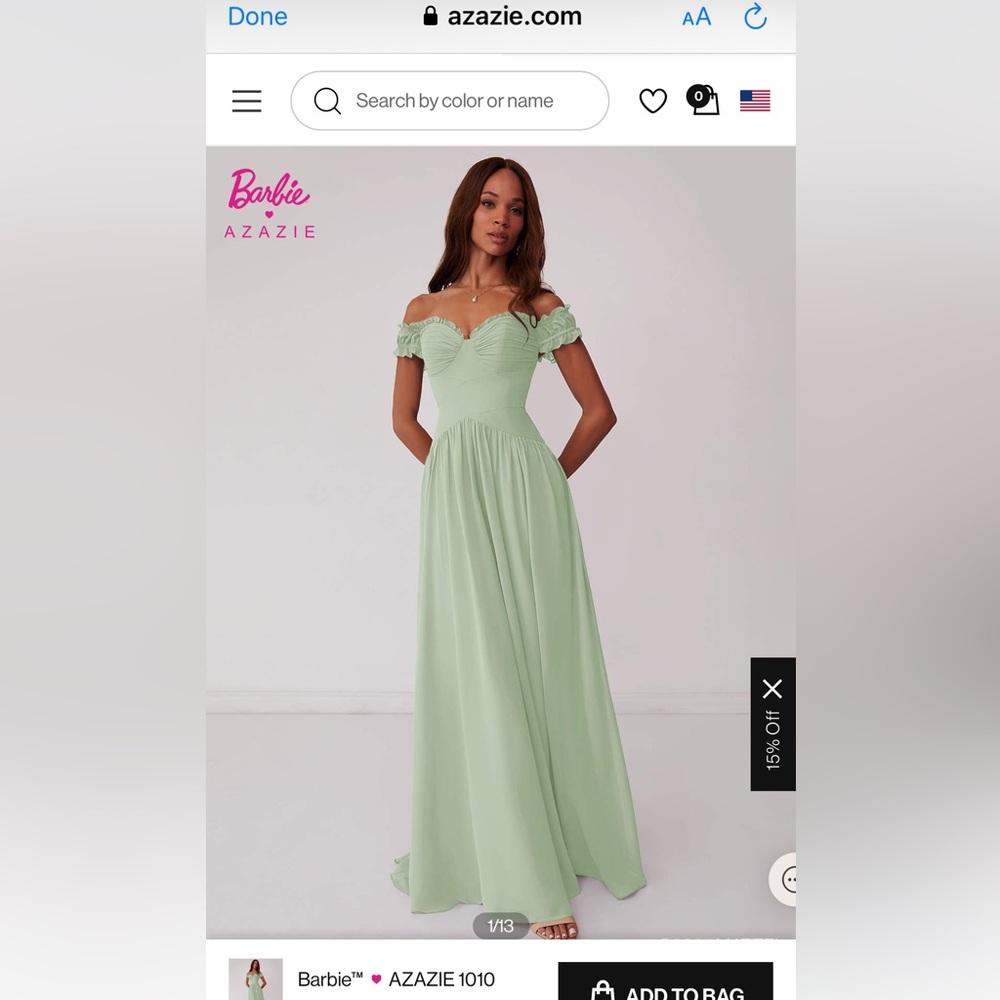 Azazie Barbie edition dropped waist cut out A line dress in dusty sage.
